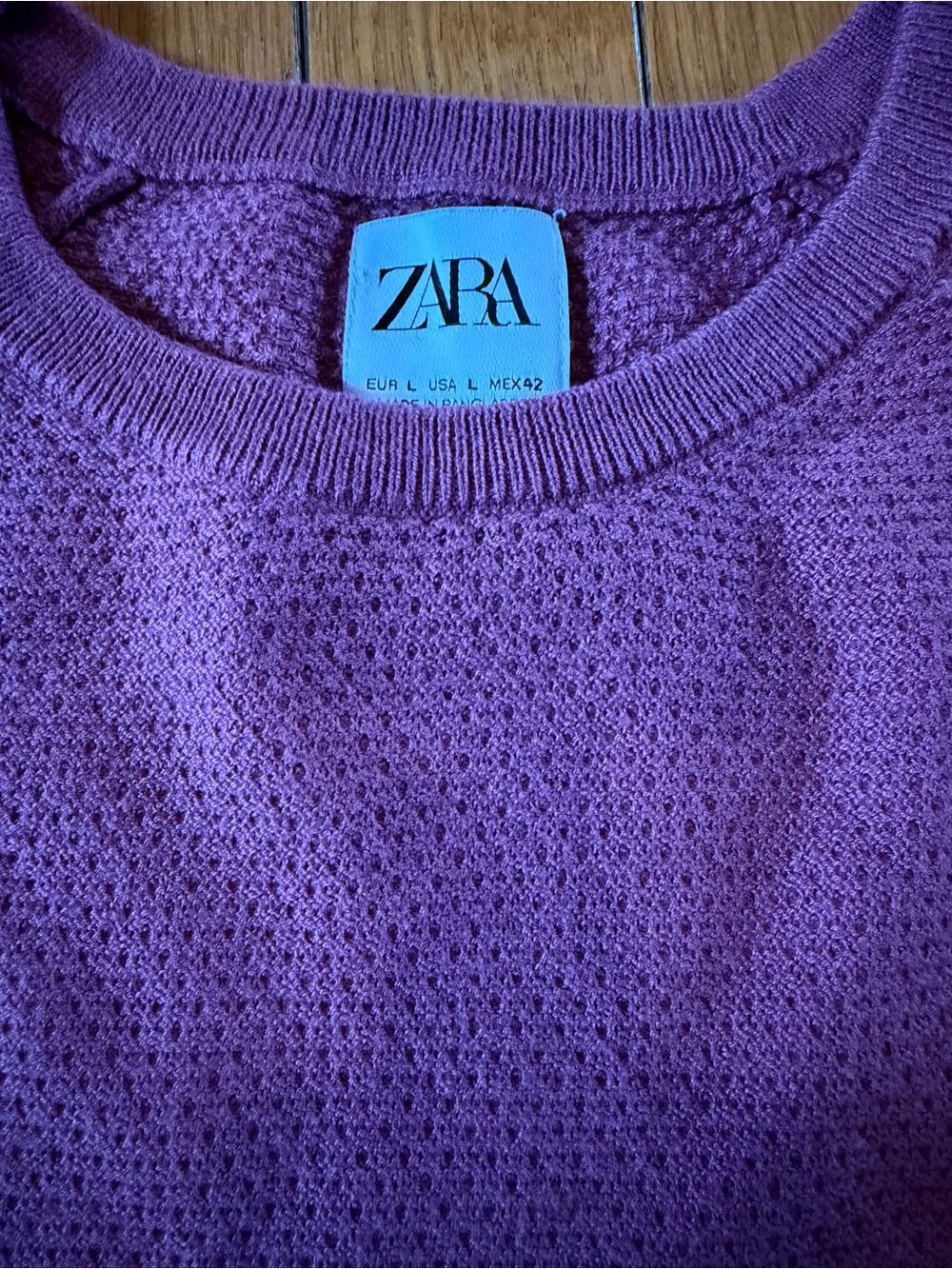 Zara Waffle Knit Lightweight Crewneck Sweater Long Sleeve Plum Color Sz Large